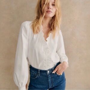 Sezane NWT Aluki Blouse Ecru Ruffle Button Front Poplin Cotton